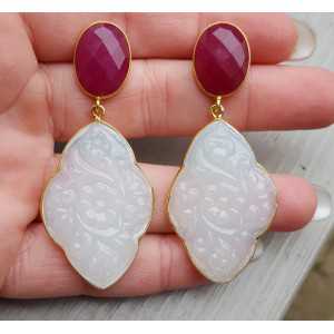 Gold plated earrings with Ruby and carved white Chalcedony
