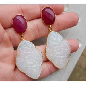 Gold plated earrings with Ruby and carved white Chalcedony