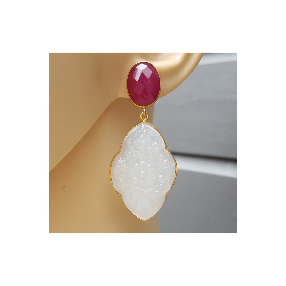 Gold plated earrings with Ruby and carved white Chalcedony