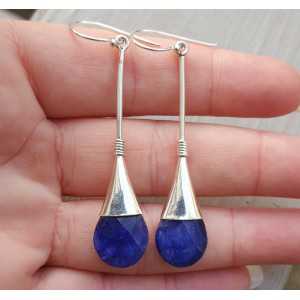 Silver long earrings with Sapphire drop