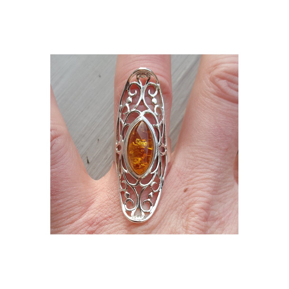 Silver ring with marquise Amber 17 mm