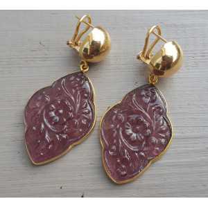 Gold plated earrings with carved Amethyst quartz