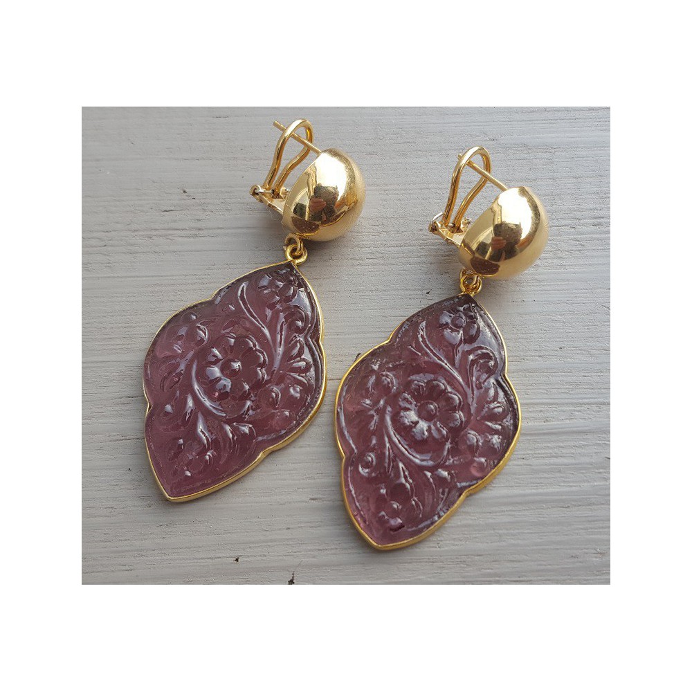 Gold plated earrings with carved Amethyst quartz