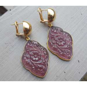 Gold plated earrings with carved Amethyst quartz