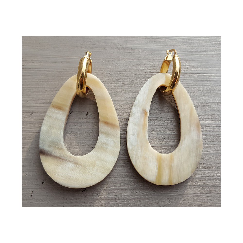 Creolen met Buffelhoorn hanger dubbel wear blank/ bruin leer 