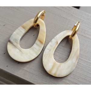 Creoles with buffalo horn pendant double wear white/ brown leather