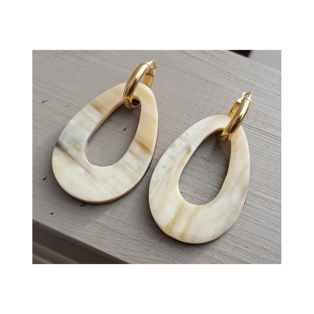 Creolen met Buffelhoorn hanger dubbel wear blank/ bruin leer 