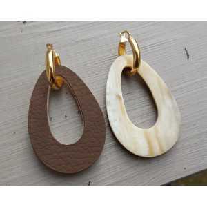 Creoles with buffalo horn pendant double wear white/ brown leather 