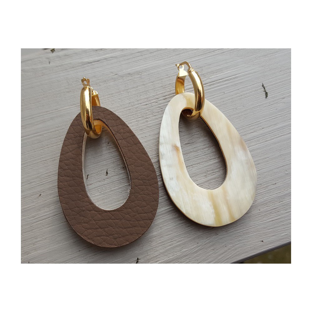 Creoles with buffalo horn pendant double wear white/ brown leather 