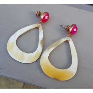 Rosé gold-plated earrings buffalo horn and fuchsia pink Chalcedony