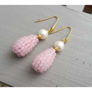 Vergoldete Ohrringe mit Perlen-Tropfen rosa Kristalle