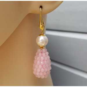 Vergoldete Ohrringe mit Perlen-Tropfen rosa Kristalle