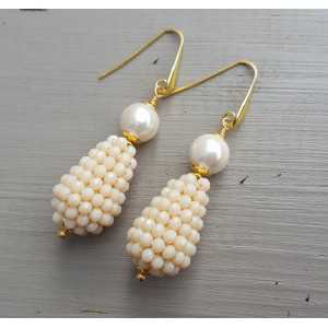Gold plated earrings Pearl and drop of ivory colored crystals