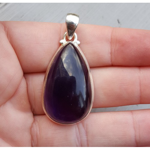 Zilveren hanger druppelvormige cabochon geslepen Amethist