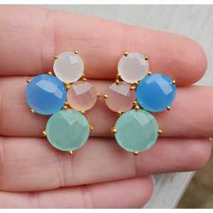 Gold plated earrings with pink, white, blue and aqua Chalcedony