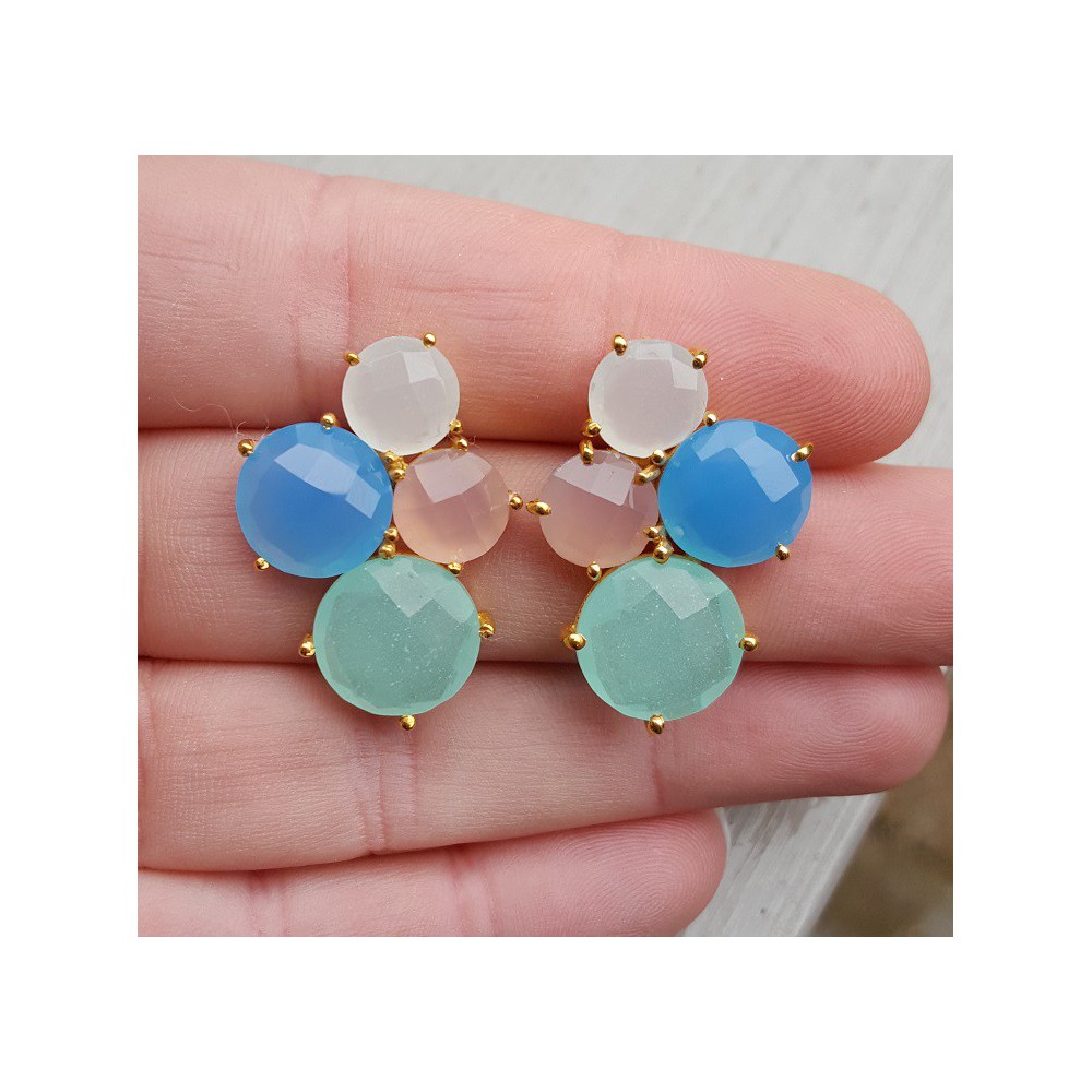 Gold plated earrings with pink, white, blue and aqua Chalcedony