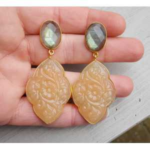 Gold plated earrings with Labadoriet and cut orange Chalcedony