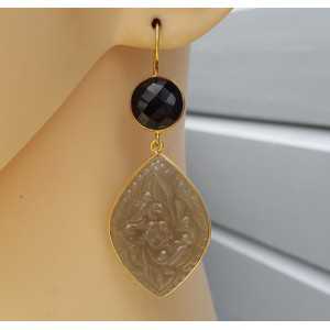 Gold plated earrings with Onyx and carved grey Chalcedony