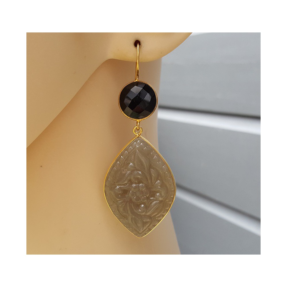 Gold plated earrings with Onyx and carved grey Chalcedony