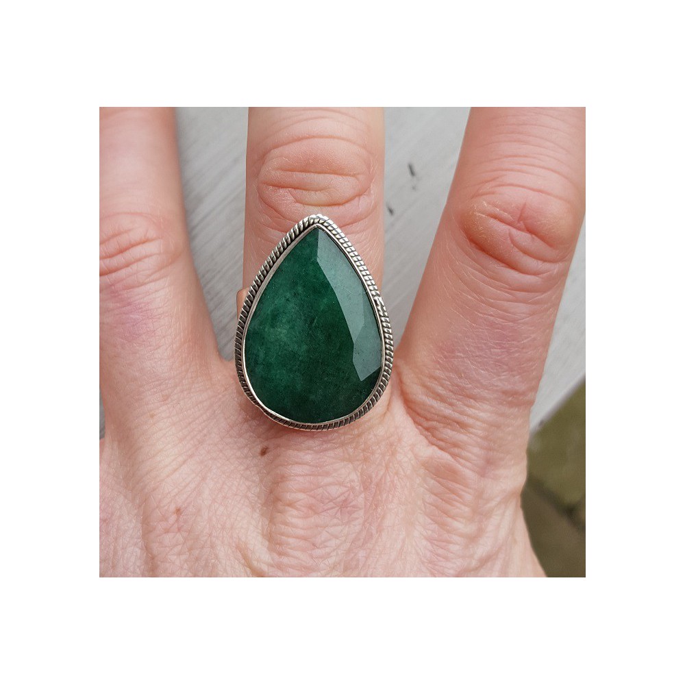 Silver ring with oval Emerald 19 mm