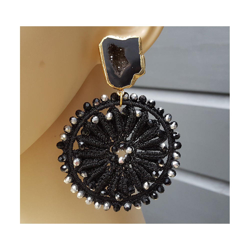 Gold plated earrings with Agate geode and black pendant with crystals