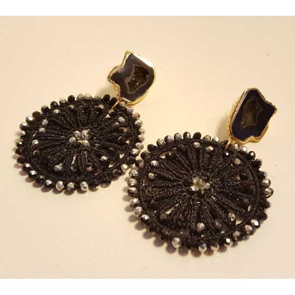 Gold plated earrings with Agate geode and black pendant with crystals