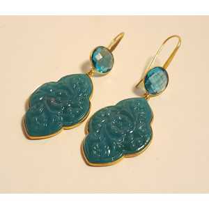 Gold plated earrings with blue Topaz and carved Chalcedony quartz