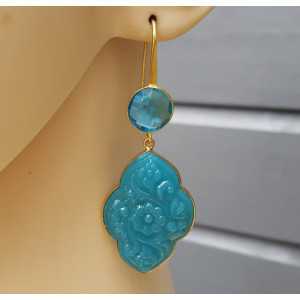Gold plated earrings with blue Topaz and carved Chalcedony quartz