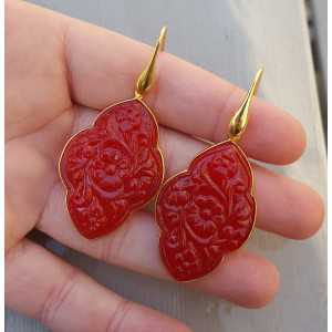 Gold plated earrings with carved red Chalcedony