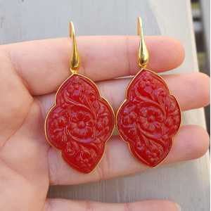 Gold plated earrings with carved red Chalcedony