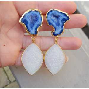 Gold plated earrings with geode Agate and carved Chalcedony