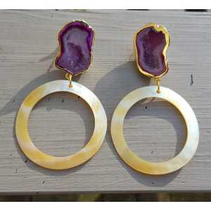 Gold plated earrings with geode Agate and ring of mother-of-Pearl