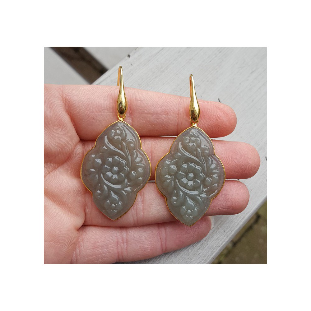 Gold plated earrings with carved grey Chalcedony