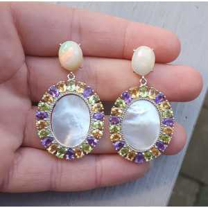 Silver earrings Opal, mother of Pearl, Citrine, Peridot and Amethyst