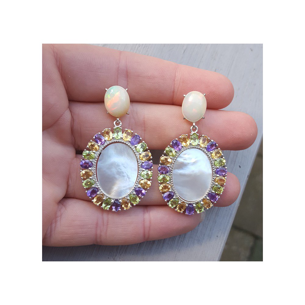 Silver earrings Opal, mother of Pearl, Citrine, Peridot and Amethyst