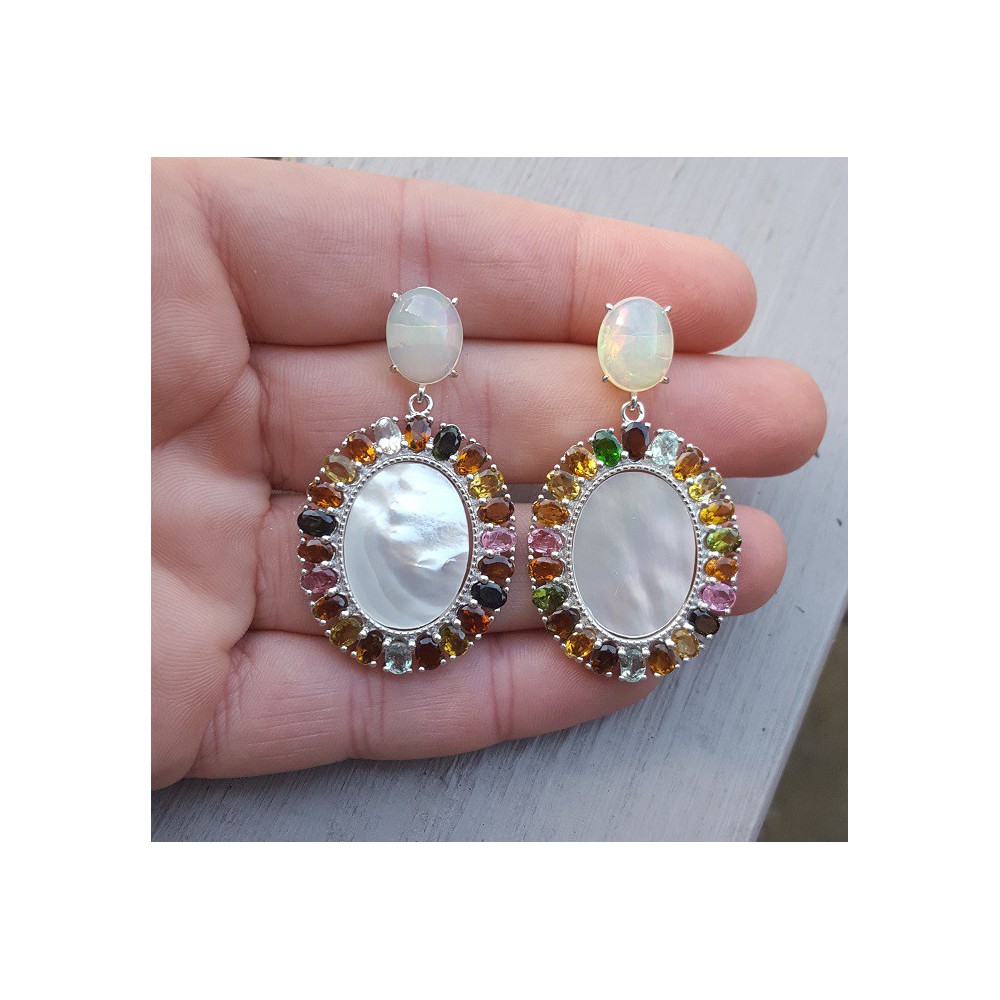 Silver earrings with Opal, mother of Pearl and Tourmaline