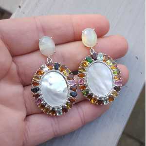 Silver earrings with Opal, mother of Pearl and Tourmaline