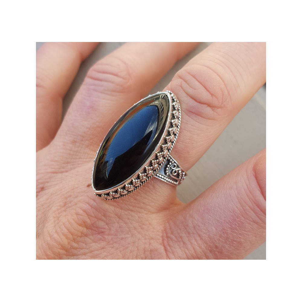 Silver ring with a marquise Onyx in a revised setting 19