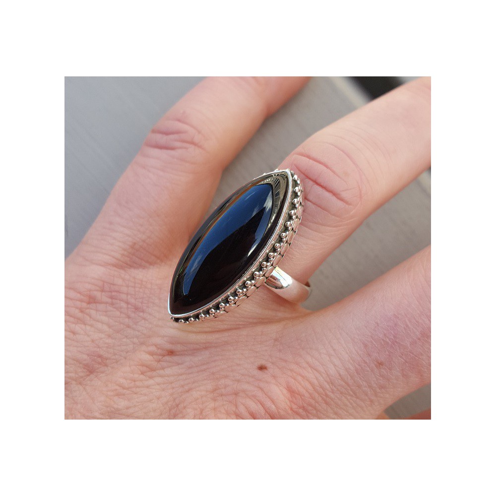 Silber ring mit marquise Onyx-und geschnitzten Kopf 17.3