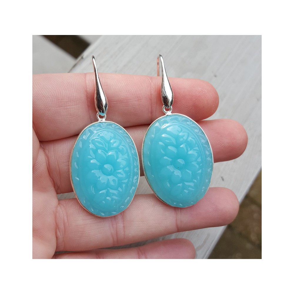 Silver earrings with oval-cut Chalcedony quartz