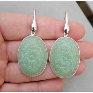 Silver earrings with oval cut light green Chalcedony quartz