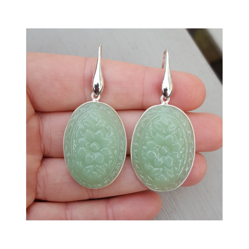 Silver earrings with oval cut light green Chalcedony quartz