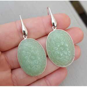 Silver earrings with oval cut light green Chalcedony quartz