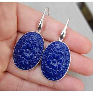 Silver earrings with oval-cut blue Chalcedony quartz