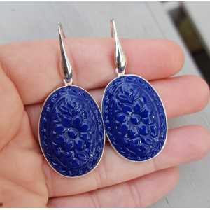 Silver earrings with oval-cut blue Chalcedony quartz 