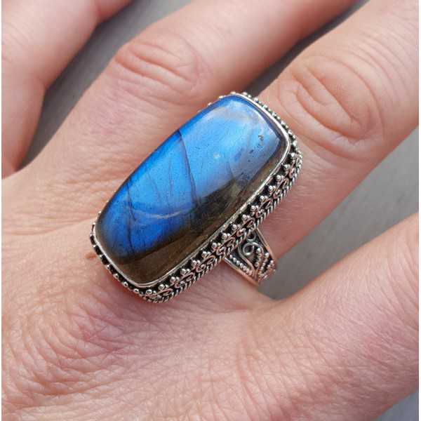 Silver ring with rectangular Labradorite in edited setting 19