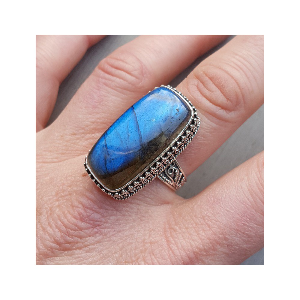 Silver ring with rectangular Labradorite in edited setting 19