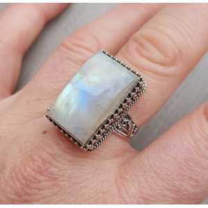 Silver ring with rectangular Moonstone, in processed setting 18.5
