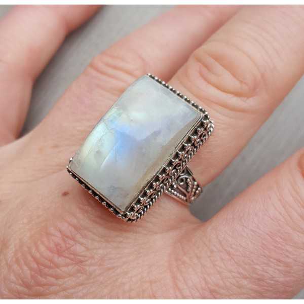 Silver ring with rectangular Moonstone, in processed setting 18.5