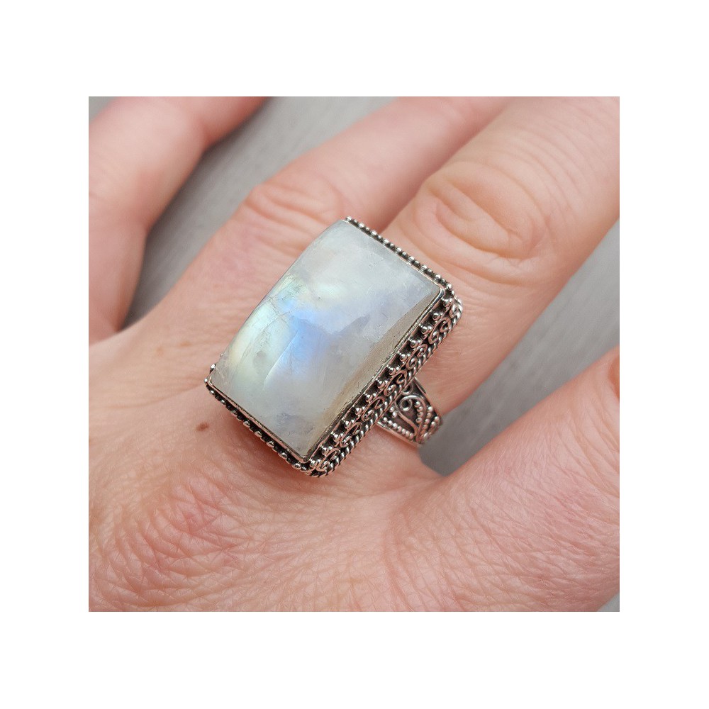 Silver ring with rectangular Moonstone, in processed setting 18.5